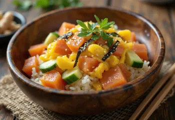 Chirashizushi met tamago, geserveerd met verse groenten en vis