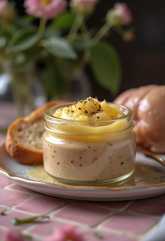 Kippenleverpaté met romige textuur, geserveerd met verse kruiden en knapperig toast