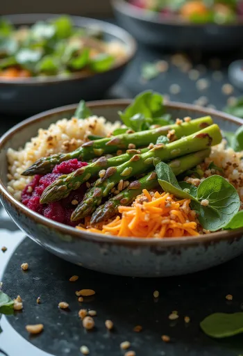 Buddha bowl met gegrilde groene asperges geserveerd