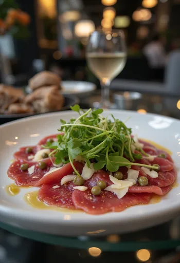 Paardencarpaccio geserveerd met rucola, Parmezaan en kappertjes.