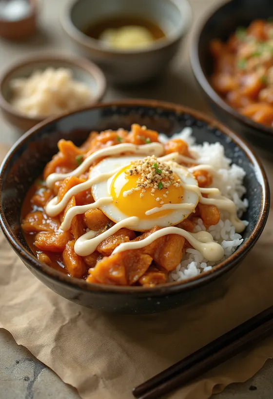 Oyakodon met kimchi en mayonaise geserveerd met ei en rijst