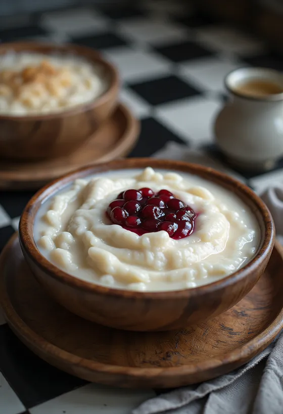 Rømmegrøt met vossenbessenjam, rijk en romig in een kom