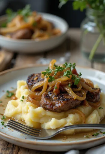 Gebakken lever met aardappelpuree geserveerd