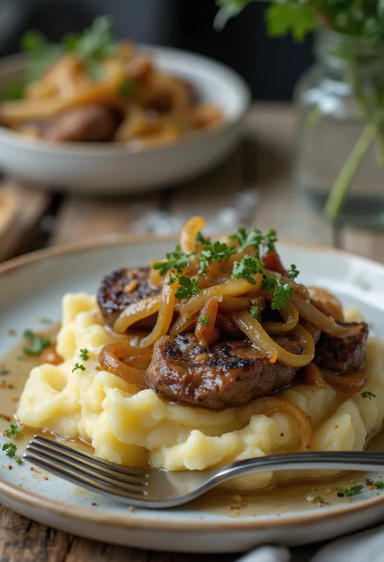 Gebakken lever met aardappelpuree geserveerd
