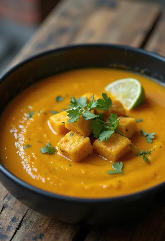 Romige pompoensoep met curry-tofu