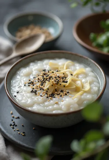 Congee met sesam, romige rijst geserveerd met geroosterd sesamzaad en verse gember