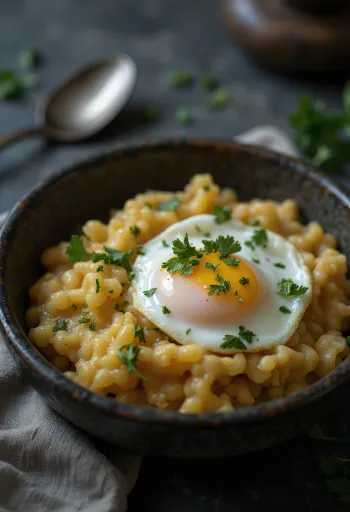 Açorda met gepocheerd ei, versierd met verse koriander, besprenkeld met citroensap