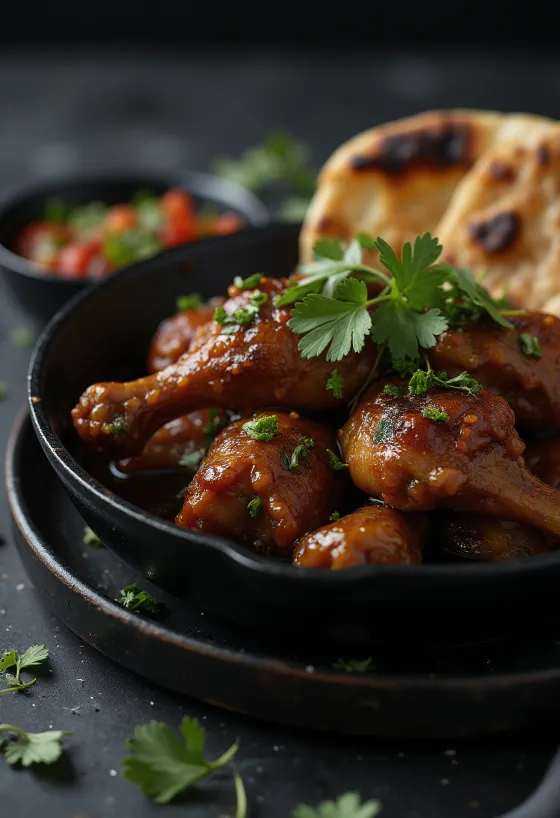Adobo kip geserveerd met naanbrood, in smakelijke kruidige saus
