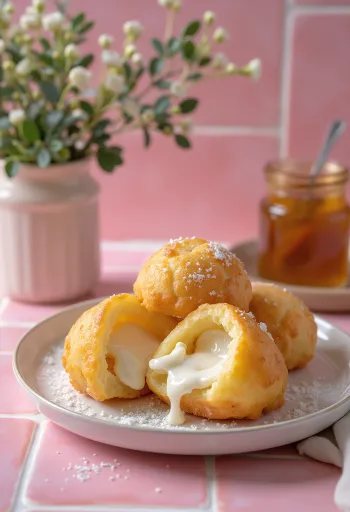 Æbleskiver met ricottavulling, goudbruin van kleur, geserveerd met poedersuiker