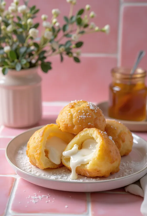 Æbleskiver met ricottavulling, goudbruin van kleur, geserveerd met poedersuiker
