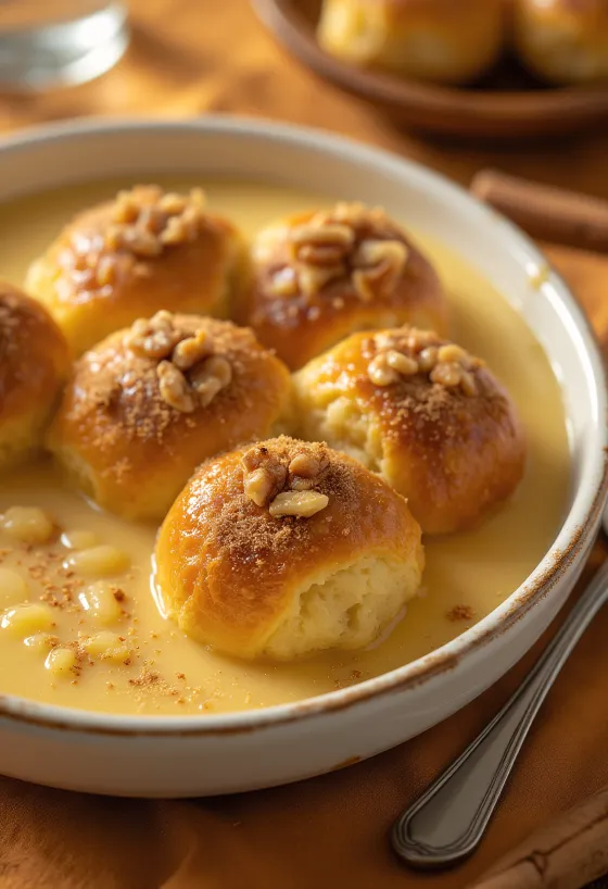 Aranygaluska met vanillesaus geserveerd