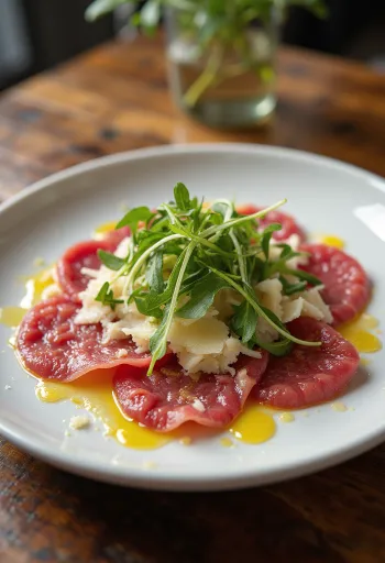 Rundercarpaccio geserveerd met rucola en parmezaan