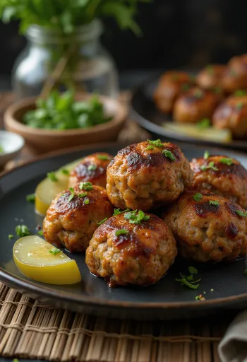 Frikadeller geserveerd met gekookte aardappelen en koolsalade