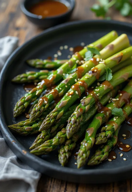 Gegrilde asperges met sesamdressing geserveerd