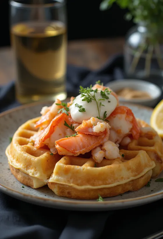 Wafels met kreeft en kruiden