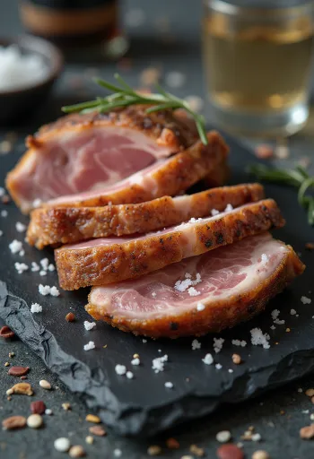 Iberico pork secreto geserveerd met citroenpartjes en gegrilde groenten.