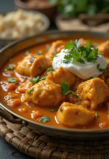 Kip tikka masala in romige tomatensaus, versierd met verse koriander