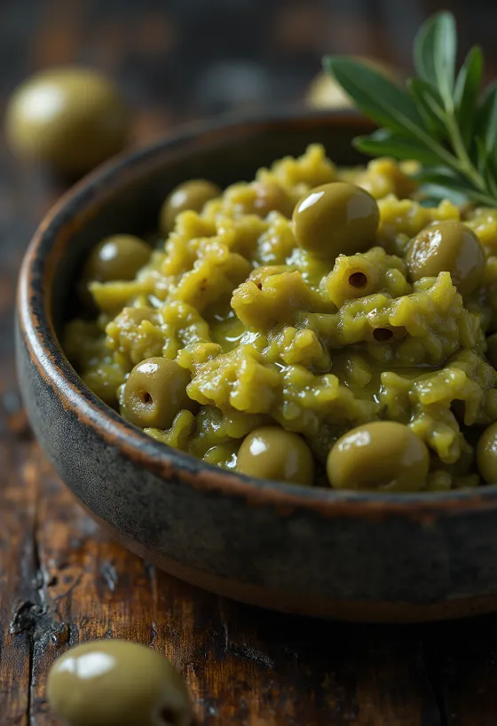 Grove groene olijvensaus in een kom