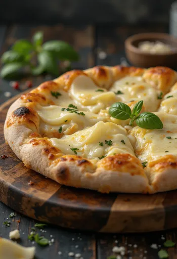 Pizza ai Formaggi geserveerd met verschillende kazen en verse basilicum