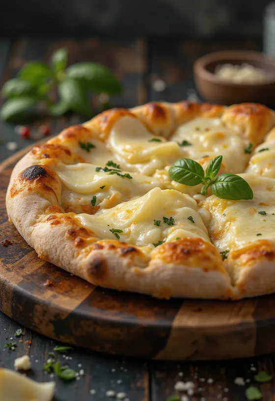 Pizza ai Formaggi geserveerd met verschillende kazen en verse basilicum