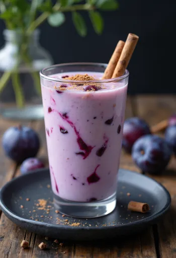 Pruimenkefir met kaneel geserveerd in glazen, roze-paarse romige drank met stukjes pruim