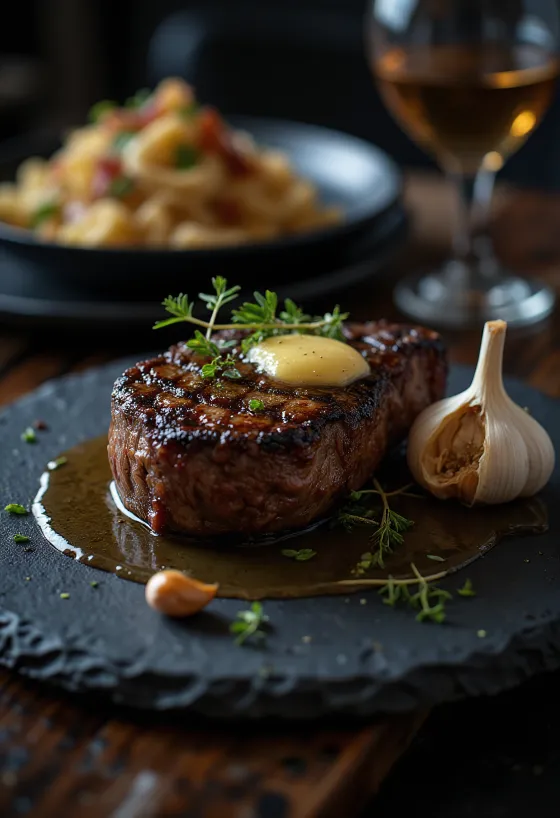 Ribeye steak goudbruin gebakken, geserveerd met verse kruiden en boter