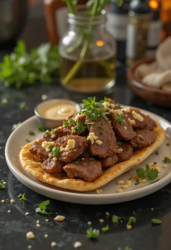 Shoarma van lamsvlees, met verse groenten en yoghurt