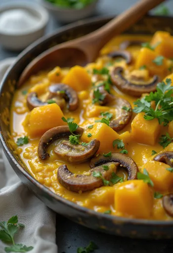 Pompoen-champignoncurry geserveerd