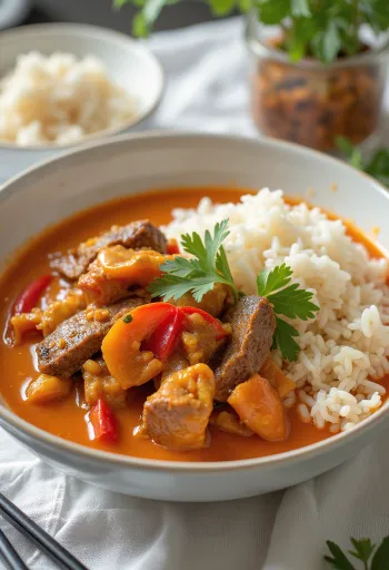 Thaise rode curry met rundvlees en rijst geserveerd