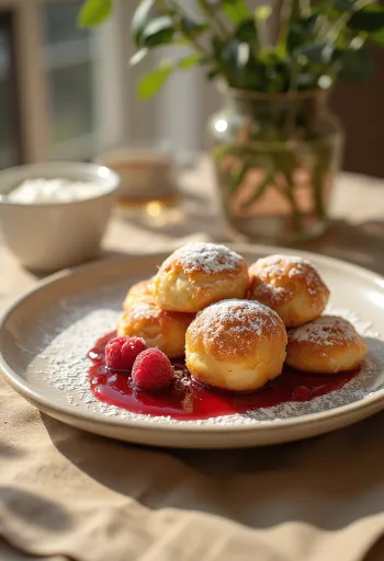 Æbleskiver met frambozenjam en poedersuiker