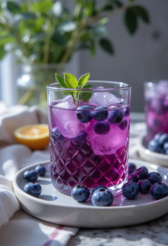 Ijsthee met blauwe bessen geserveerd in een glas