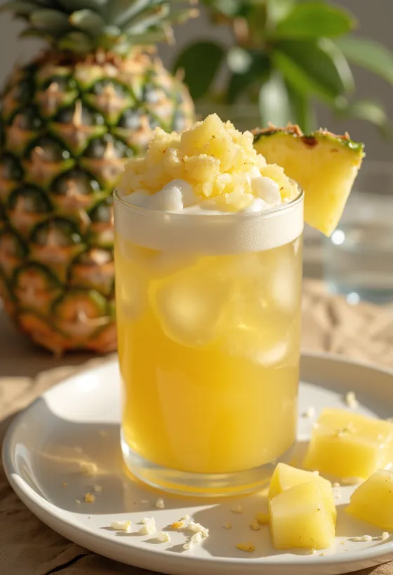 Ananas-kokos cider geserveerd in een glas