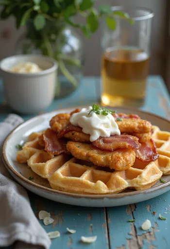 Brusselse wafel met hartig beleg geserveerd