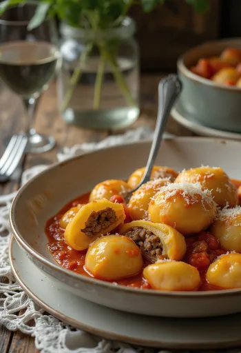 Gnocchi gevuld met vlees geserveerd