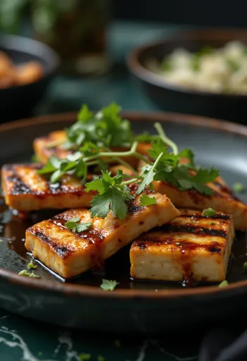Gegrilde tofu in kruidige saus geserveerd
