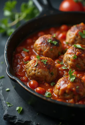 Gehaktballetjes geserveerd in tomatensaus