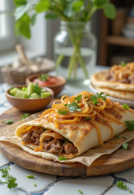 Lahmacun met ui, geserveerd met vers deeg en kruidige vleesvulling