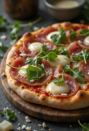 Pizza al Prosciutto Crudo geserveerd met Parmaham en rucola