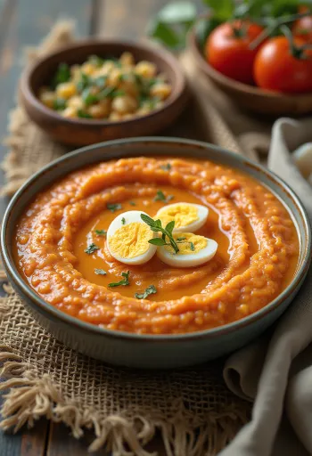 Salmorejo met knoflook, koude Spaanse tomatensoep