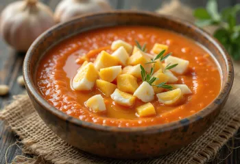 Salmorejo met knoflook, koude Spaanse tomatensoep