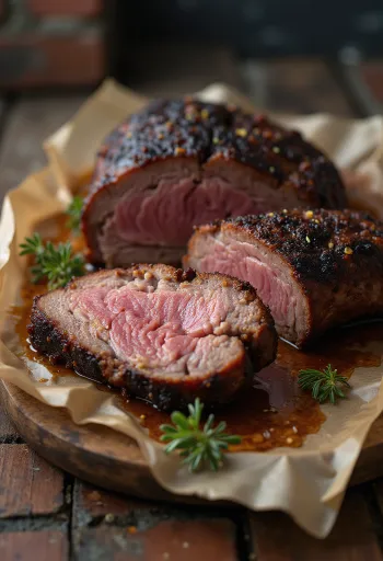 Smoked brisket geserveerd in dunne plakken met barbecuesaus en bijgerechten