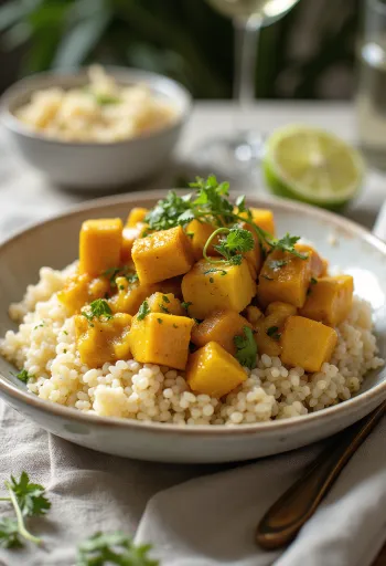 Quinoa-curry met pompoen en limoentofu geserveerd