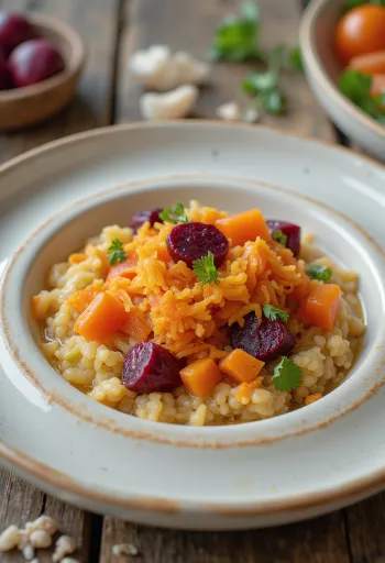 Açorda met groenten, in een kom versierd met peterselie