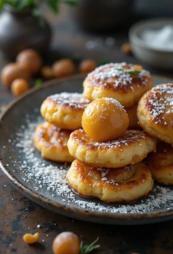Æbleskiver pannenkoekjes, bestrooid met poedersuiker