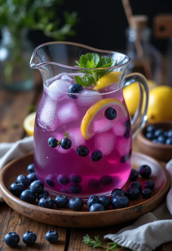 Blauwe bessen limonade geserveerd in een glas