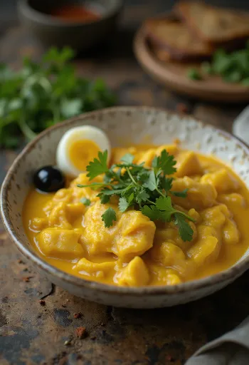 Ají de gallina met koriander geserveerd met romige saus