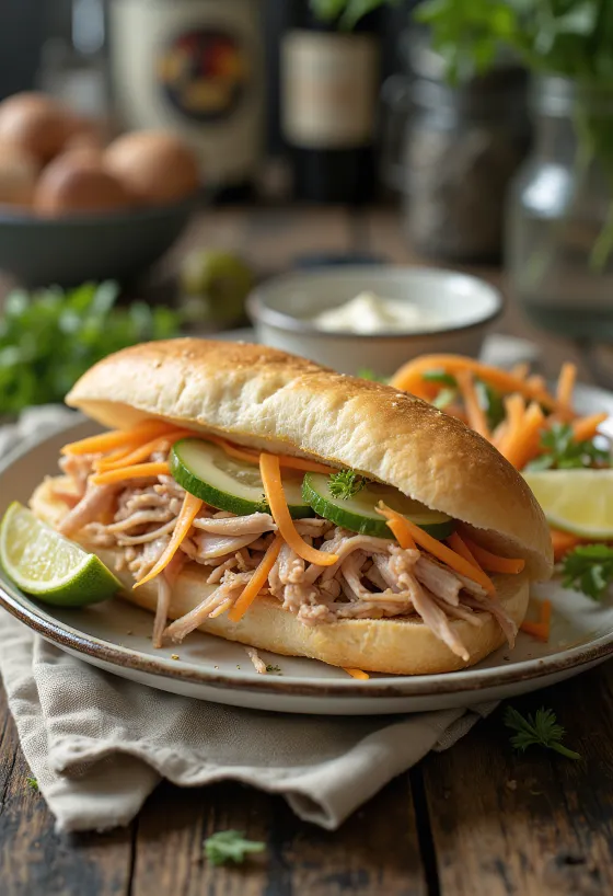 Bánh Mì Bì geserveerd met geraspt varkensvlees, verse groenten en koriander.
