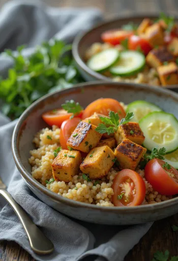 Gegrilde tofu geserveerd met quinoasalade