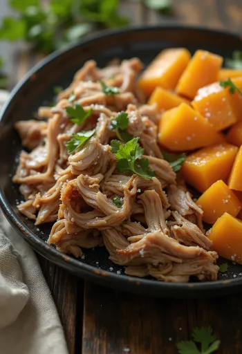 Kalua Pork met zoete aardappel, geserveerd met verse koriander