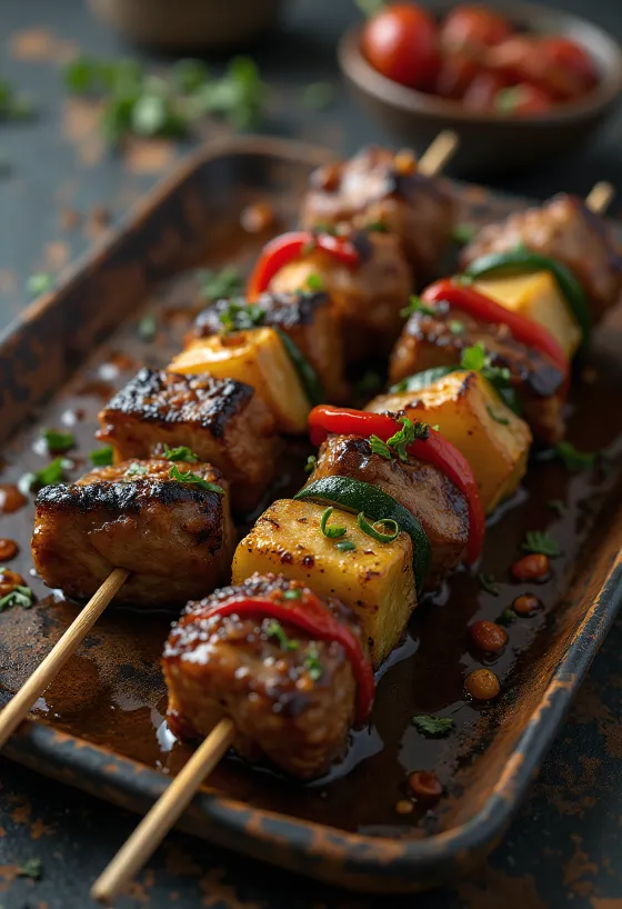 Kangoeroespiesjes met chilisaus geserveerd op een rustieke schaal